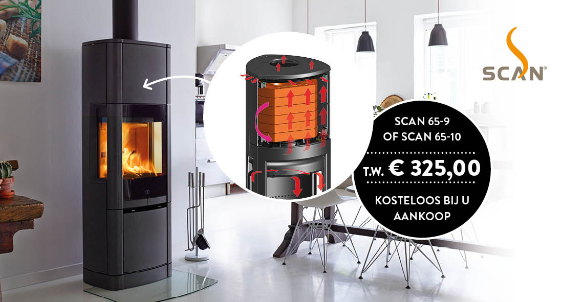 Deense houtkachel Scan 65-9 met Heat Storage System in de hoge top. Actie: Heat Storage System twv € 325,- kosteloos bij aankoop